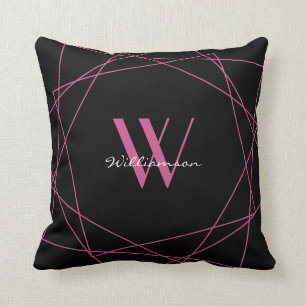 Elegant Black Pink Monogram Geometric Name Script Kussen