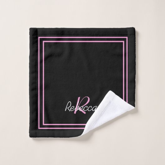 Elegant Black Pink Monogram Initiaal Naam Striped Bad Handdoek (Wasdoekje)