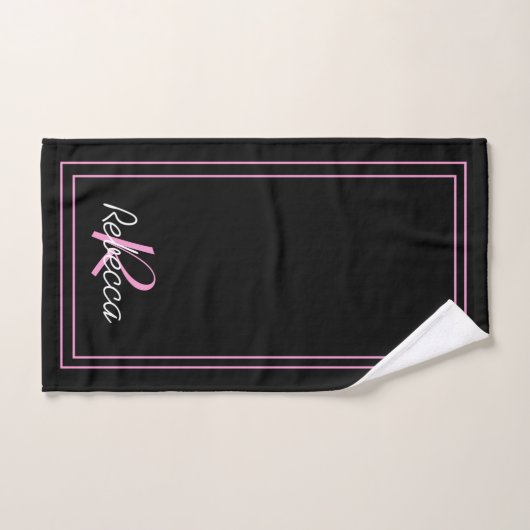 Elegant Black Pink Monogram Initiaal Naam Striped Bad Handdoek (Handdoek)
