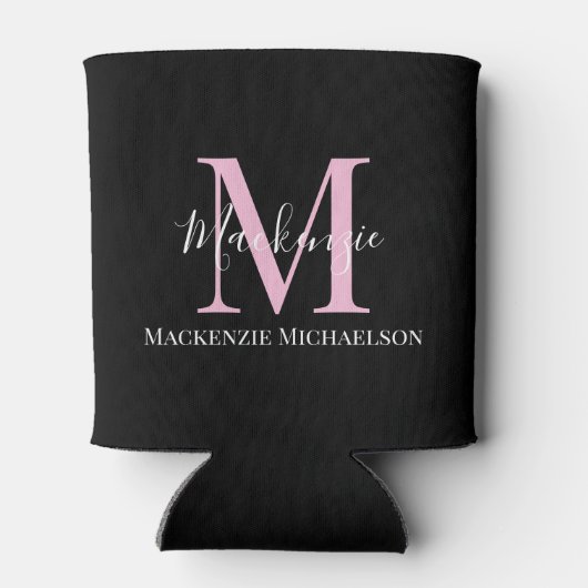 Elegant Black Pink Persoonlijke Monogram naam Blikjeskoeler (Achterkant)