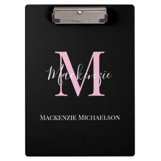 Elegant Black Pink Persoonlijke Monogram naam Klembord