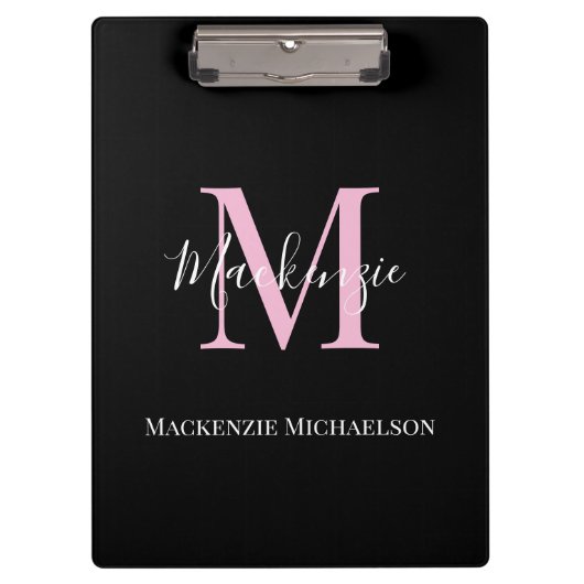 Elegant Black Pink Persoonlijke Monogram naam Klembord (Voorkant)