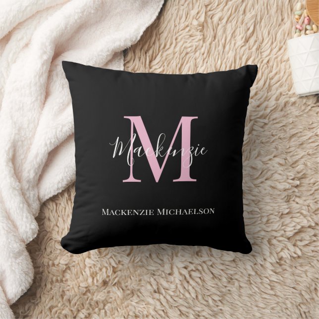 Elegant Black Pink Persoonlijke Monogram naam Kussen (Deken)