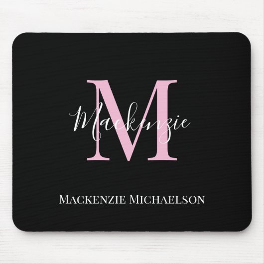 Elegant Black Pink Persoonlijke Monogram naam Muismat (Voorkant)