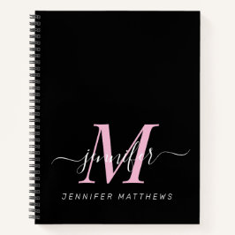 Elegant Black Pink Persoonlijke Monogram naam Notitieboek