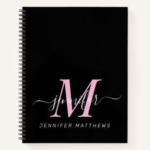 Elegant Black Pink Persoonlijke Monogram naam Notitieboek