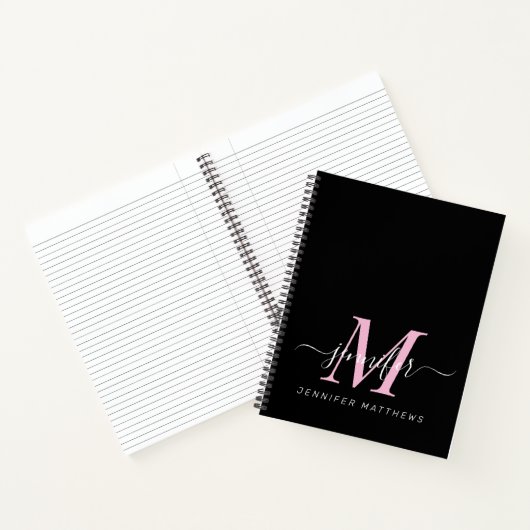 Elegant Black Pink Persoonlijke Monogram naam Notitieboek (Binnen)