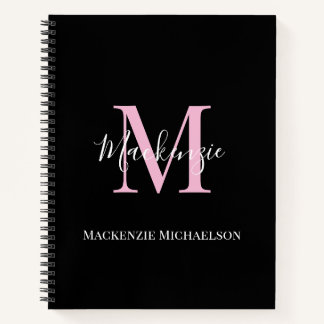 Elegant Black Pink Persoonlijke Monogram naam Notitieboek