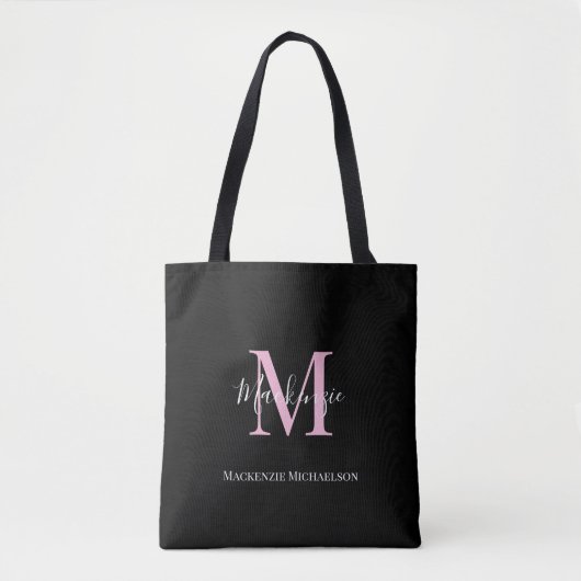 Elegant Black Pink Persoonlijke Monogram naam Tote Bag (Voorkant)