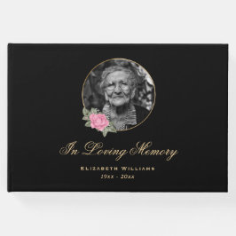 Elegant Black Pink Rose Floral Funeral Foto Gastenboek