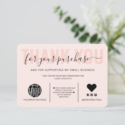 Elegant Black Pink Script Logo Klant Dank u Bedankkaart (Staand voorkant)