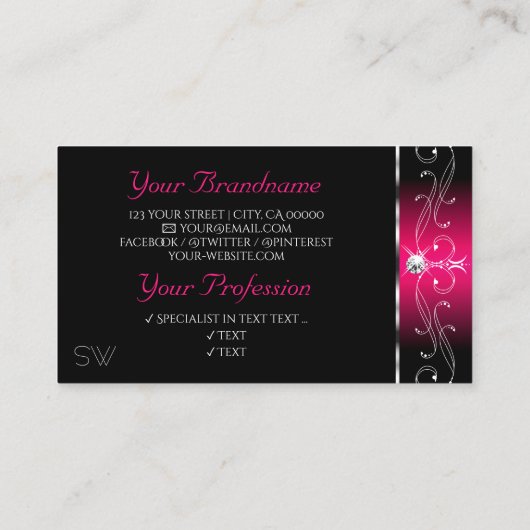 Elegant Black Pink Sparkle Jewels Monogram Visitekaartje (Achterkant)