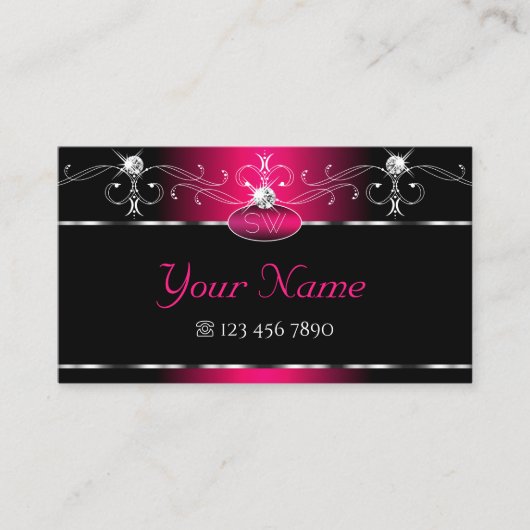 Elegant Black Pink  Sparkle Jewels Monogram Visitekaartje (Voorkant)