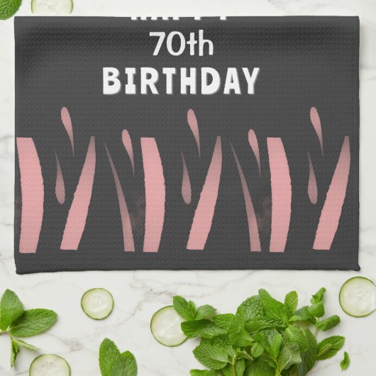 Elegant Black Pink Waterverf 70th Happy Birthday Theedoek (Gevouwen)