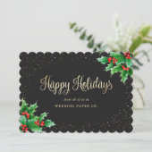 Elegant Black Play Waterverf Holly Business Feestdagenkaart (Staand voorkant)