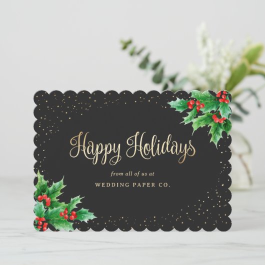 Elegant Black Play Waterverf Holly Business Feestdagenkaart (Staand voorkant)
