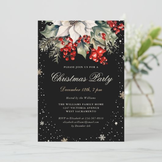 Elegant Black Poinsettia Berries Christmas Party Kaart (Staand voorkant)