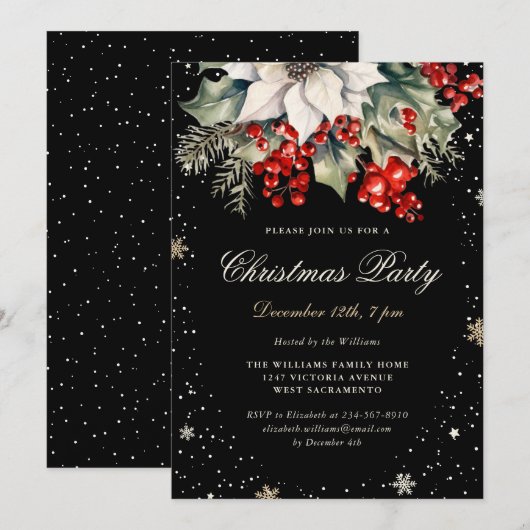 Elegant Black Poinsettia Berries Christmas Party Kaart (Voorkant / Achterkant)