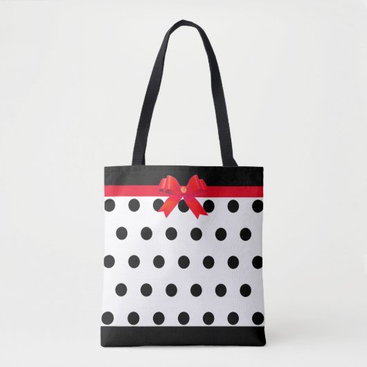 Elegant Black Polka Dots met rood lintje Tote Bag (Voorkant)