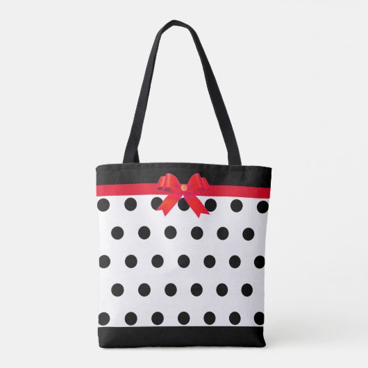 Elegant Black Polka Dots met rood lintje Tote Bag (Achterkant)
