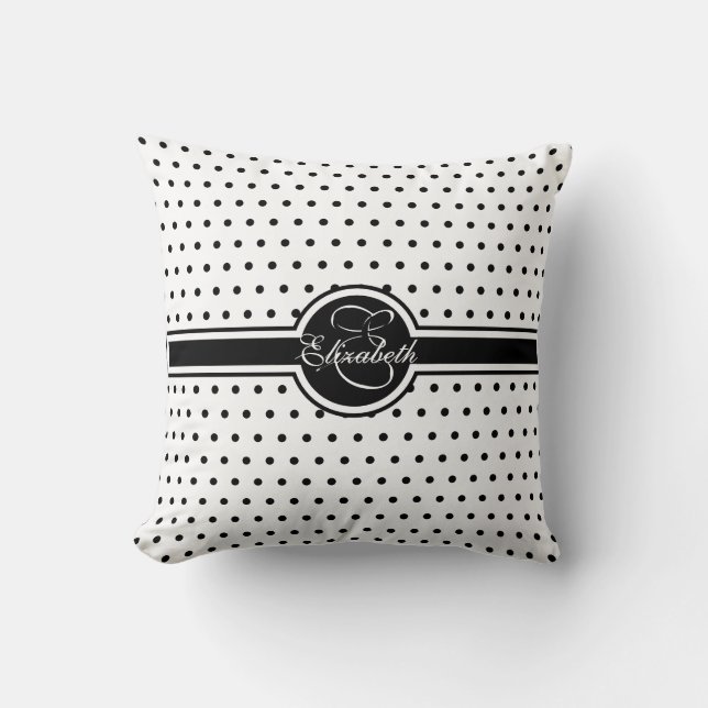 Elegant Black Polka Dots op White Monogram Kussen (Voorkant)