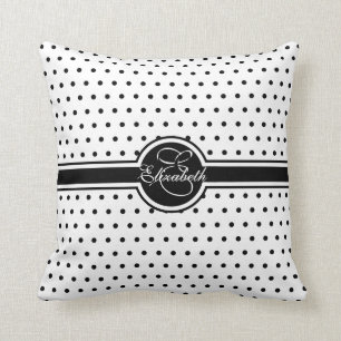 Elegant Black Polka Dots op White Monogram Kussen