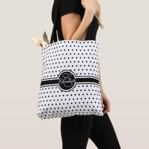 Elegant Black Polka Dots op White Monogram Tote Bag