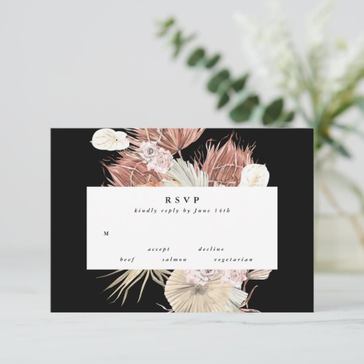 Elegant Black Premium Pampas Grass Floral Wedding RSVP Kaartje (Staand voorkant)