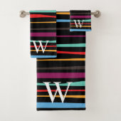 Elegant black purple and yellow stripes monogram bad handdoek (Insitu)