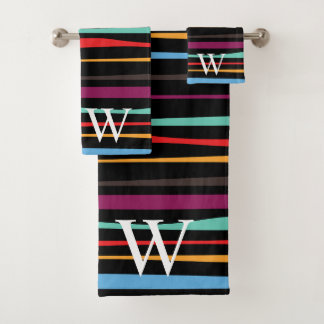 Elegant black purple and yellow stripes monogram bad handdoek