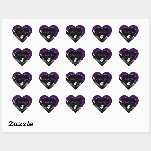 Elegant Black Purple Hearts Wavy Silver Thank You Hart Sticker (Vel)