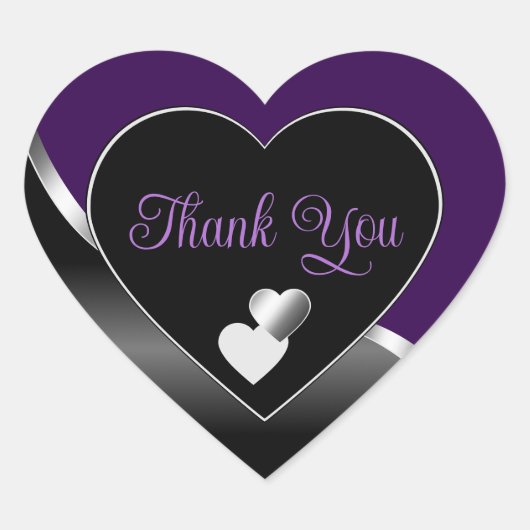 Elegant Black Purple Hearts Wavy Silver Thank You Hart Sticker (Voorkant)