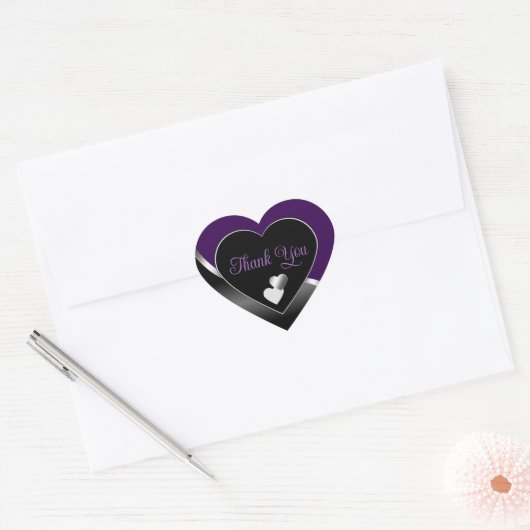 Elegant Black Purple Hearts Wavy Silver Thank You Hart Sticker (Envelop)