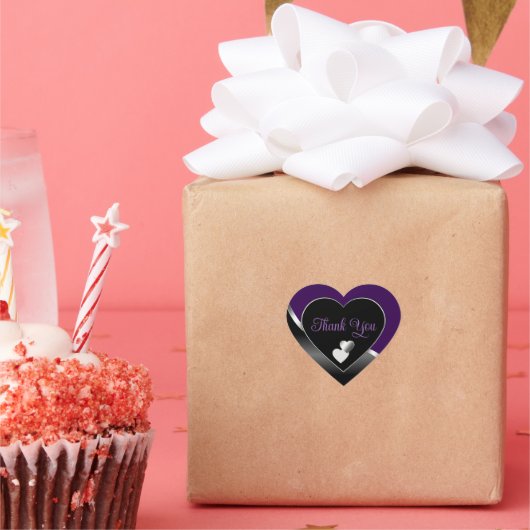 Elegant Black Purple Hearts Wavy Silver Thank You Hart Sticker (Feest)