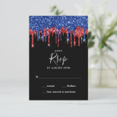 Elegant Black Red Blue Glitter drift bruiloft RSVP Kaartje (Staand voorkant)