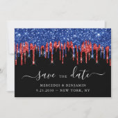 Elegant Black Red Blue Glitter drift bruiloft Save The Date (Voorkant)