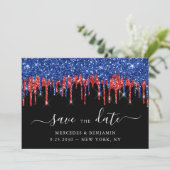 Elegant Black Red Blue Glitter drift bruiloft Save The Date (Staand voorkant)