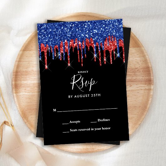Elegant Black Red Blue Glitter drift RSVP Notitiekaartje