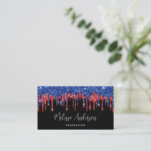 Elegant Black Red Blue Glitter druist patriottisch Visitekaartje (Staand voorkant)