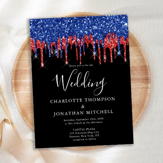 Elegant Black Red Blue Glitter Patriotic Weddensch Uitnodiging Briefkaart