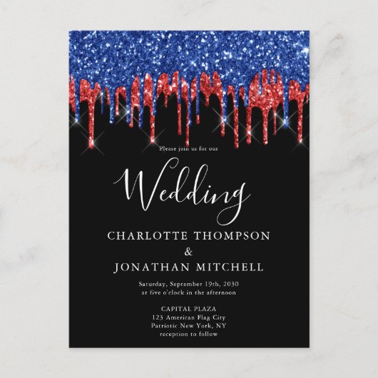 Elegant Black Red Blue Glitter Patriotic Weddensch Uitnodiging Briefkaart (Voorkant)