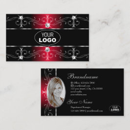 Elegant Black Red  Borders Jewels Logo Foto Visitekaartje