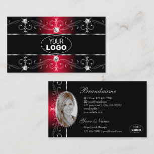 Elegant Black Red  Borders Jewels Logo Foto Visitekaartje