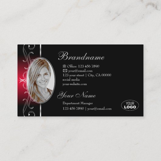 Elegant Black Red  Borders Jewels Logo Foto Visitekaartje (Achterkant)