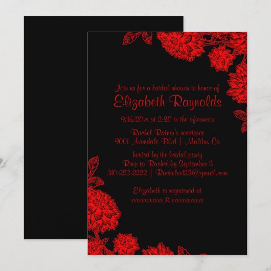 Elegant Black & Red Bridal Shower-uitnodigingen Kaart (Voorkant / Achterkant)