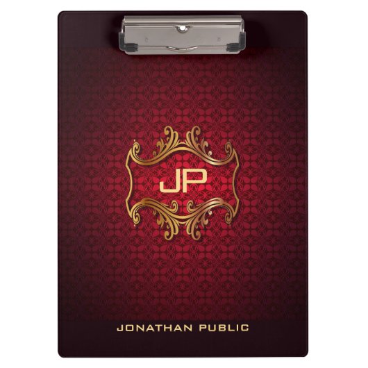 Elegant Black Red Damask Monogram klassieke Sjablo Klembord (Voorkant)