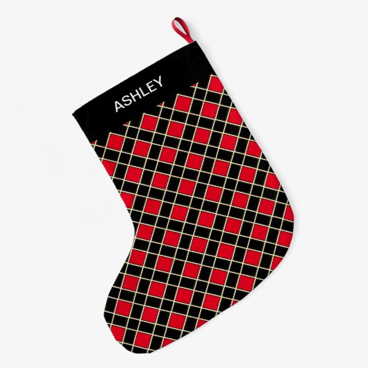 Elegant Black & Red Diamond Pattern Grote Kerstsok (Achterkant (Hangend))