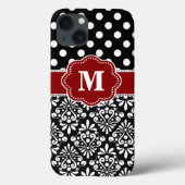 Elegant Black Red Dot Damask Monogram Hoesje (Achterkant)