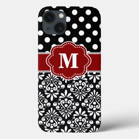 Elegant Black Red Dot Damask Monogram Hoesje (Achterkant)