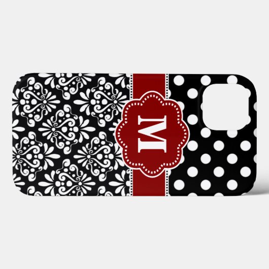 Elegant Black Red Dot Damask Monogram Hoesje (Achterkant (horizontaal))